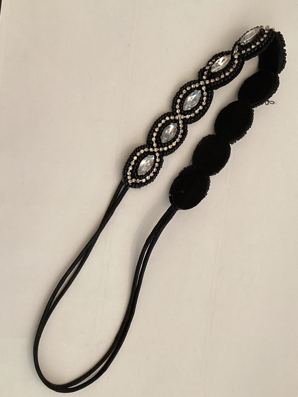 Black Beaded Elastic Headband with Clear Gem Accents